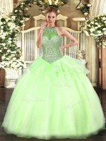 Modern Yellow Green 15 Quinceanera Dress Military Ball and Sweet 16 and Quinceanera with Beading Halter Top Sleeveless Lace Up