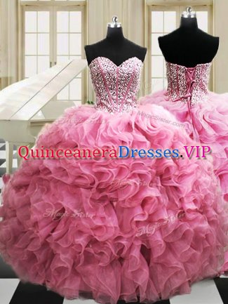 Rose Pink Sweetheart Lace Up Beading and Ruffles Sweet 16 Quinceanera Dress Sleeveless