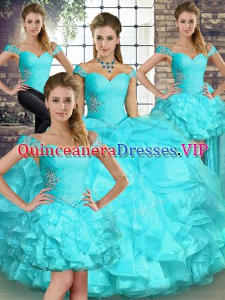 Top Selling Aqua Blue 15 Quinceanera Dress Military Ball and Sweet 16 and Quinceanera with Beading and Ruffles Off The Shoulder Sleeveless Lace Up