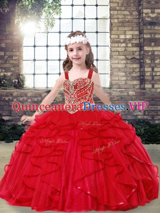 Cute Red Sleeveless Beading and Ruffles Floor Length Child Pageant Dress