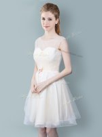 Champagne Zipper Scoop Ruching and Bowknot Dama Dress Tulle Sleeveless