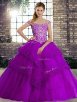High End Sleeveless Beading and Lace Lace Up Vestidos de Quinceanera with Purple Brush Train