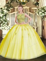 Decent Beading and Appliques Quinceanera Dresses Yellow Lace Up Sleeveless Floor Length