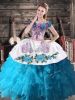 Trendy Organza Off The Shoulder Sleeveless Lace Up Embroidery and Ruffles Quinceanera Dress in Teal