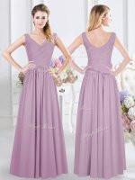 Extravagant Lavender Empire Ruching Vestidos de Damas Zipper Chiffon Sleeveless Floor Length