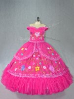 New Style Embroidery Ball Gown Prom Dress Hot Pink Lace Up Sleeveless Floor Length