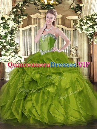 Trendy Olive Green Sleeveless Organza Lace Up Quince Ball Gowns for Military Ball and Sweet 16 and Quinceanera