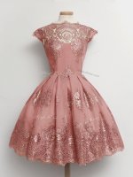 Suitable Knee Length Lace Up Vestidos de Damas Pink for Prom and Party and Wedding Party with Lace