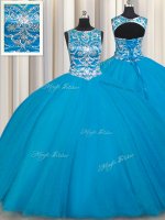 Charming Scoop Teal Sleeveless Floor Length Beading Lace Up 15th Birthday Dress
