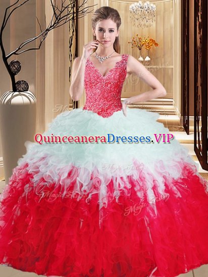 Pretty White And Red Ball Gowns V-neck Sleeveless Tulle Floor Length Zipper Lace and Appliques and Ruffles Military Ball Gowns - Click Image to Close