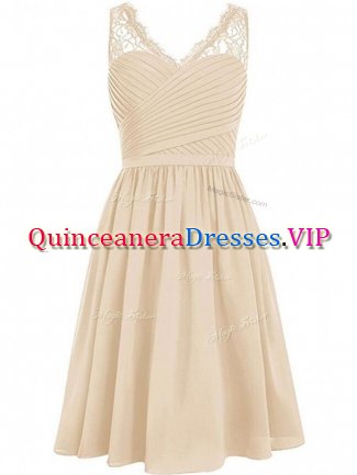 Champagne Dama Dress for Quinceanera Prom and Party and Wedding Party with Lace and Ruching V-neck Sleeveless Side Zipper