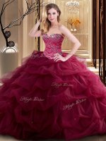 Captivating Sweetheart Sleeveless Ball Gown Prom Dress Floor Length Beading and Ruffles Burgundy Tulle