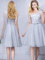 On Sale One Shoulder Sleeveless Knee Length Lace and Appliques and Belt Lace Up Damas Dress with Grey