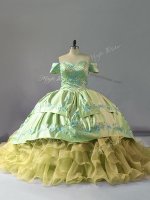 Perfect Chapel Train Ball Gowns Sweet 16 Dress Yellow Green Off The Shoulder Organza Sleeveless Lace Up(SKU PSSW0987-6BIZ)