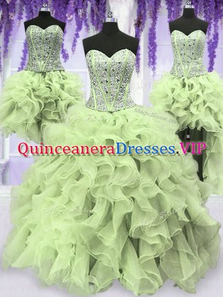 Modest Four Piece Yellow Green Ball Gowns Sweetheart Sleeveless Organza Floor Length Lace Up Ruffles and Sequins Sweet 16 Quinceanera Dress