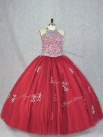 Wonderful Ball Gowns 15th Birthday Dress Red Halter Top Tulle Sleeveless Floor Length Lace Up