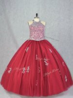 Wonderful Ball Gowns 15th Birthday Dress Red Halter Top Tulle Sleeveless Floor Length Lace Up(SKU PSSW1049-4BIZ)
