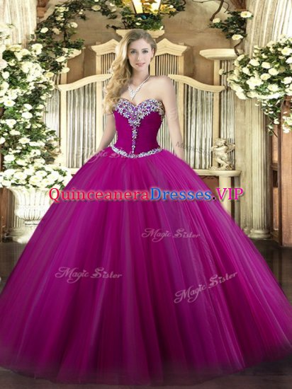 Perfect Fuchsia Ball Gowns Beading 15th Birthday Dress Lace Up Tulle Sleeveless Floor Length - Click Image to Close