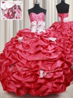 With Train Coral Red Vestidos de Quinceanera Taffeta Brush Train Sleeveless Beading and Appliques and Sequins and Pick Ups