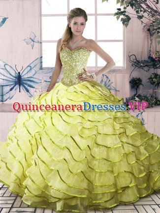 Ideal Beading and Ruffled Layers Sweet 16 Dress Yellow Green Lace Up Sleeveless Brush Train