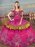 Glorious Fuchsia Lace Up Off The Shoulder Embroidery Sweet 16 Dress Organza Sleeveless