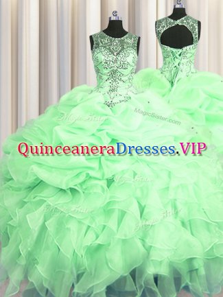 Scoop See Through Apple Green Sleeveless Floor Length Beading and Ruffles and Pick Ups Lace Up 15 Quinceanera Dress