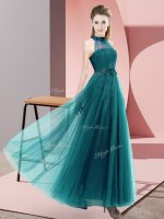 Best Teal Tulle Lace Up Court Dresses for Sweet 16 Sleeveless Floor Length Beading and Appliques