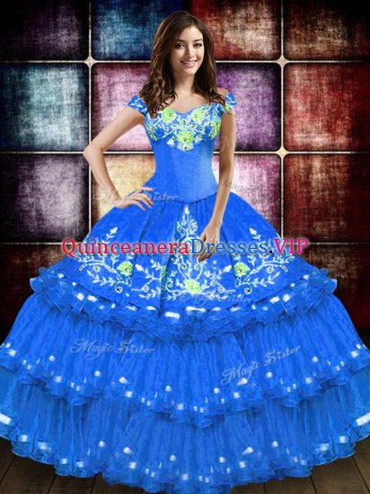 Free and Easy Blue Ball Gowns Taffeta Off The Shoulder Sleeveless Embroidery and Ruffled Layers Floor Length Lace Up Military Ball Dresses For Women - Click Image to Close