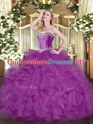 Beading and Ruffles 15 Quinceanera Dress Fuchsia Lace Up Sleeveless Floor Length