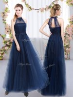 Fashionable Navy Blue Empire High-neck Sleeveless Tulle Floor Length Lace Up Appliques Vestidos de Damas