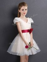 Discount Organza Short Sleeves Mini Length Dama Dress and Lace and Hand Made Flower(SKU BMT0208EBIZ)