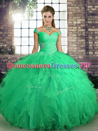 Superior Turquoise Off The Shoulder Lace Up Beading and Ruffles Quince Ball Gowns Sleeveless