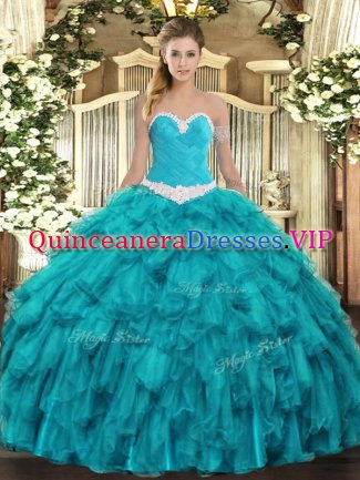 Modest Teal Lace Up Sweetheart Appliques and Ruffles Quinceanera Gowns Organza Sleeveless
