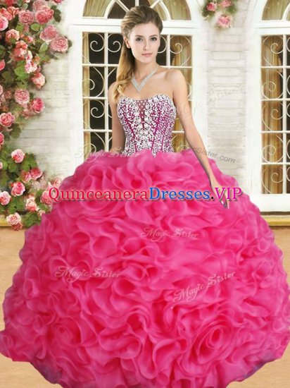 Floor Length Hot Pink Sweet 16 Dresses Organza Sleeveless Beading and Ruffles - Click Image to Close