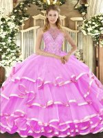 Halter Top Sleeveless Quince Ball Gowns Floor Length Beading and Ruffled Layers Lilac Organza