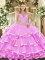 Halter Top Sleeveless Quince Ball Gowns Floor Length Beading and Ruffled Layers Lilac Organza