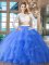 Adorable Blue Two Pieces Scoop Long Sleeves Organza Brush Train Zipper Beading and Lace and Ruffles 15th Birthday Dress