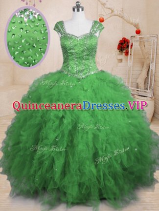 Lace Up Square Beading and Ruffles 15th Birthday Dress Tulle Cap Sleeves
