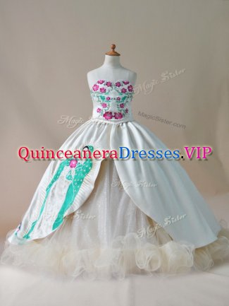 Satin Sweetheart Sleeveless Sweep Train Lace Up Embroidery Pageant Gowns For Girls in Champagne