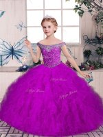 Purple Little Girls Pageant Dress Party and Sweet 16 and Wedding Party with Beading and Ruffles Off The Shoulder Sleeveless Lace Up
