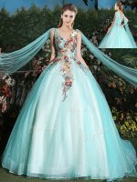 Smart Aqua Blue Sleeveless With Train Appliques Lace Up Sweet 16 Dress(SKU YCQD0175BIZ)
