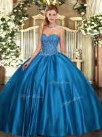 On Sale Floor Length Blue Quinceanera Gowns Satin Sleeveless Beading