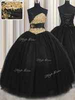 Designer Beading and Appliques and Ruching and Belt Quinceanera Gowns Black Lace Up Sleeveless Floor Length