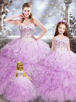 Ideal Beading and Ruffles Ball Gown Prom Dress Lilac Lace Up Sleeveless Floor Length