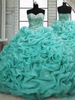 Adorable Turquoise Military Ball Gown Organza Brush Train Sleeveless Beading and Pick Ups