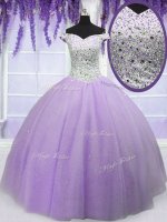 Ball Gowns 15th Birthday Dress Lavender Off The Shoulder Tulle Short Sleeves Floor Length Lace Up