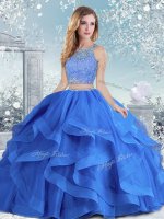 Royal Blue Scoop Clasp Handle Beading and Ruffles Quinceanera Dress Long Sleeves