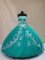 Sleeveless Tulle Floor Length Lace Up Quince Ball Gowns in Turquoise with Appliques