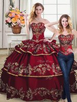 Sweetheart Sleeveless Ball Gown Prom Dress Embroidery and Ruffled Layers Wine Red Satin and Organza
