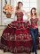 Sweetheart Sleeveless Ball Gown Prom Dress Embroidery and Ruffled Layers Wine Red Satin and Organza